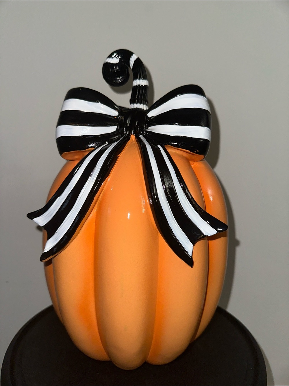 Orange Pumpkin Table Decor with Black & White Striped Bow - McKenzie Childs insp